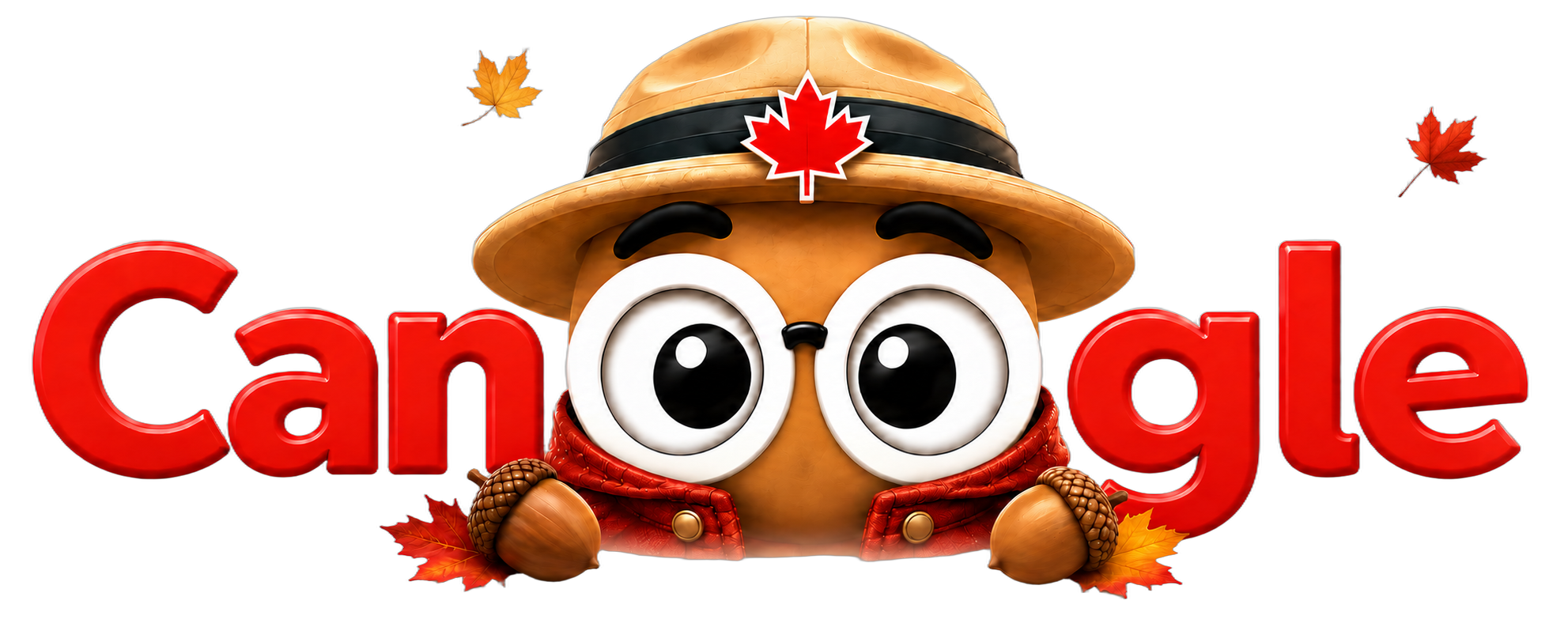 Fall Noog in a russet coat inside the Canoogle wordmark, with two acorns and falling leaves